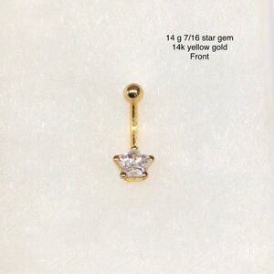 14 g 7/16 curved barbell for navel piercing. 14k yellow gold.
